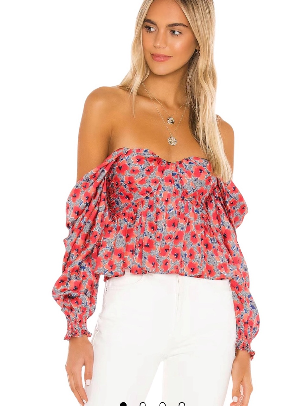 House of Harlow 1960 Red Floral Off-Shoulder Puff Sleeve Blouse